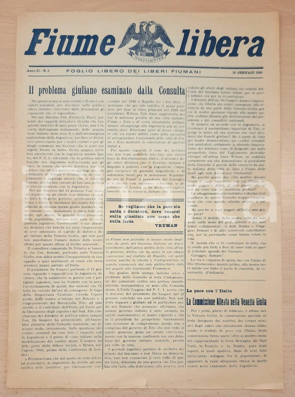 Giornale, rivista storica 1946 FIUME LIBERA Il problema giuliano esaminato dalla Consulta Giornale 1