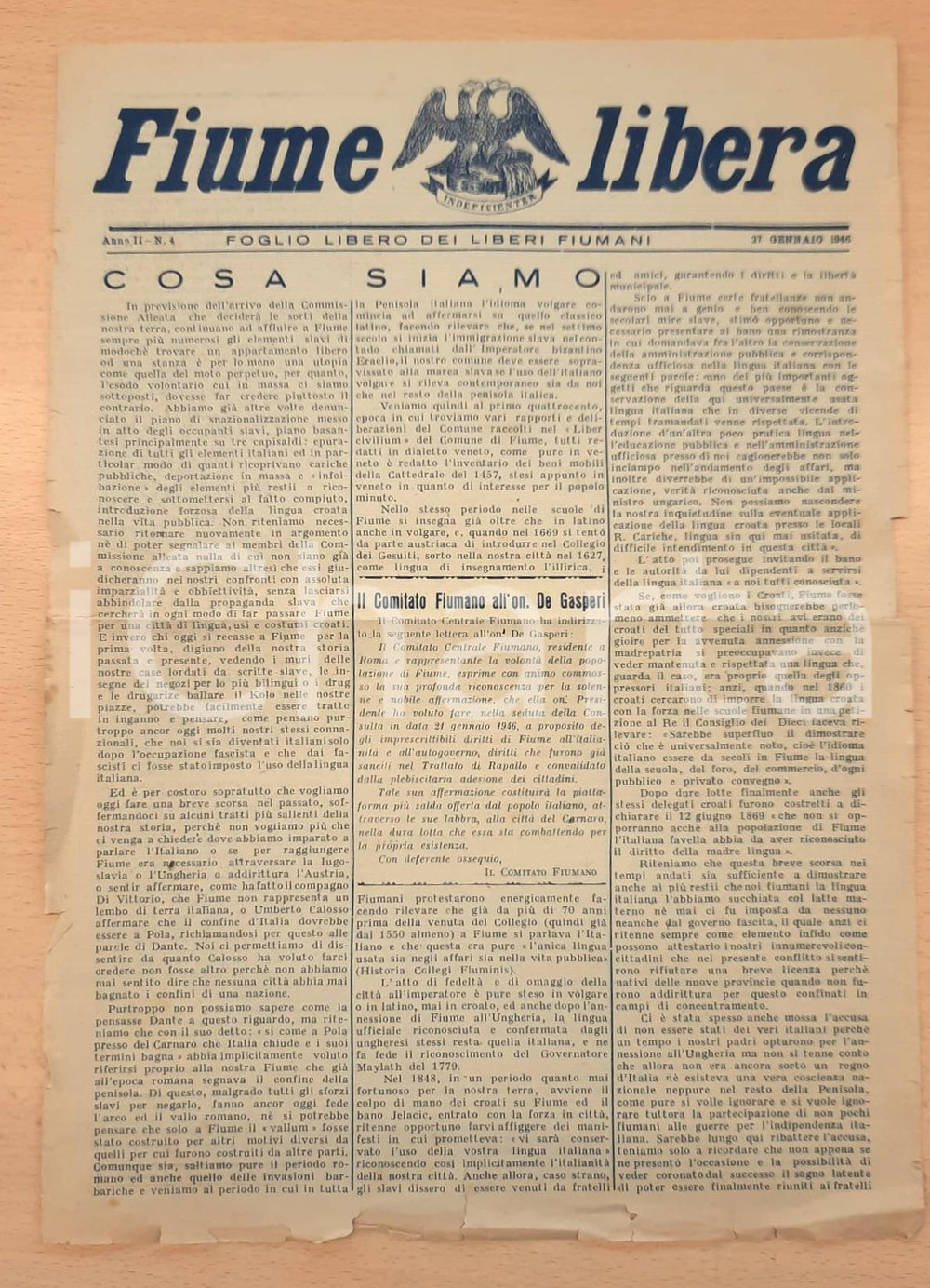 Giornale, rivista storica 1946 FIUME LIBERA Cosa siamo  I fiumani all on. De Gasperi Giornale 1