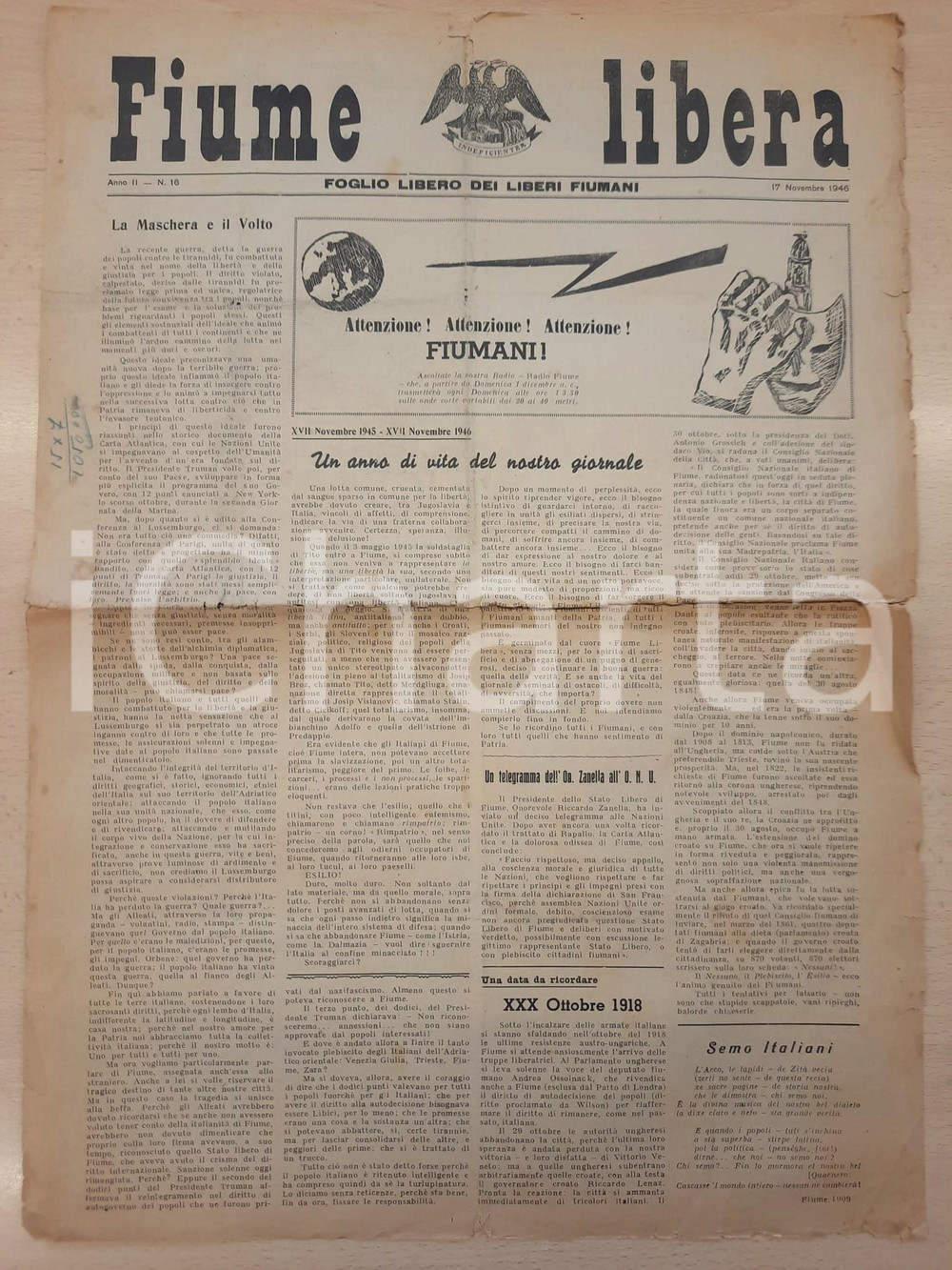 Giornale, rivista storica 1946 FIUME LIBERA Per l autogoverno a Fiume  Zanella all ONU Giornale 1