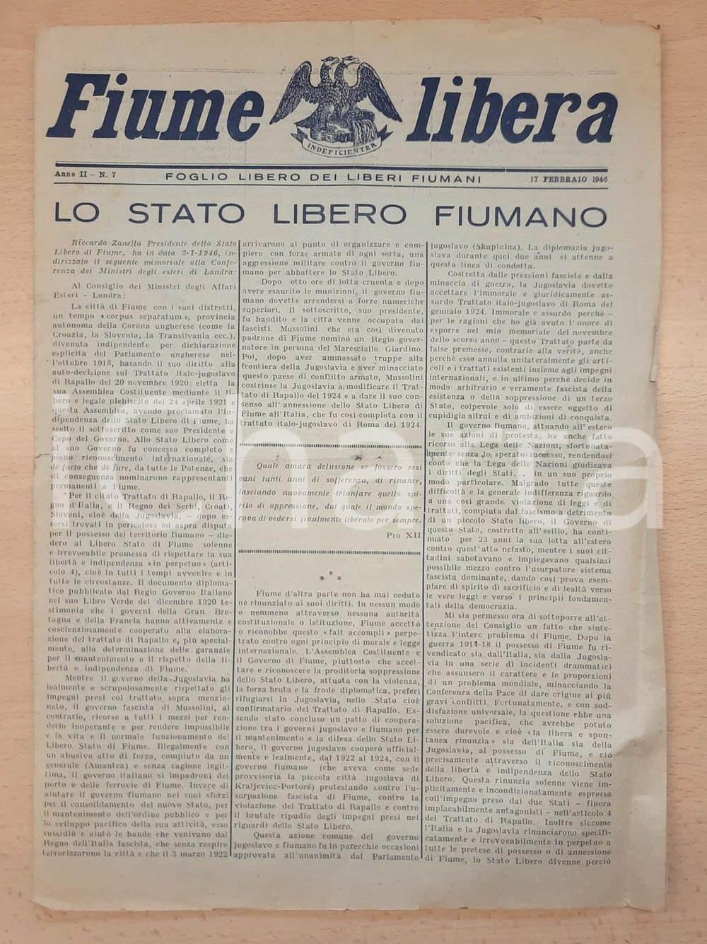 Giornale, rivista storica 1946 FIUME LIBERA Riccardo Zanetta per lo Stato Libero di Fiume  Spie dell OZNA 1