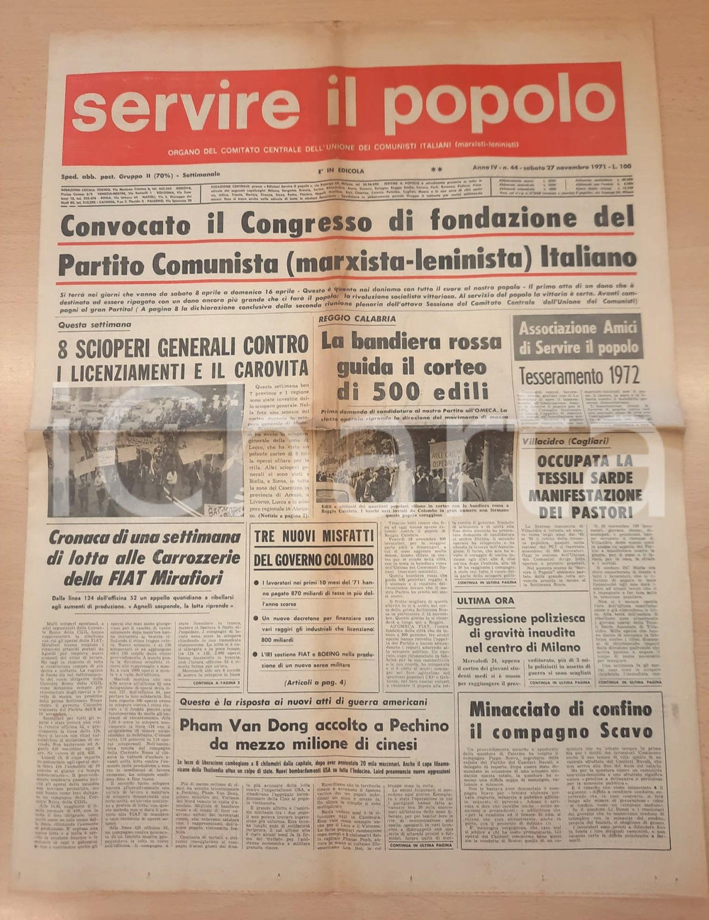 Giornale, rivista storica 1971 SERVIRE IL POPOLO Lotta operai FIAT  Occupazione Tessili Sarde VILLACIDRO 1