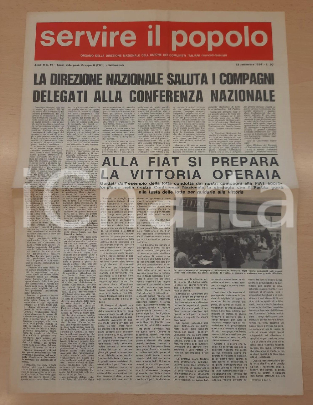 Giornale, rivista storica 1969 SERVIRE IL POPOLO Alla FIAT si prepara la vittoria operaia Giornale UCI 1