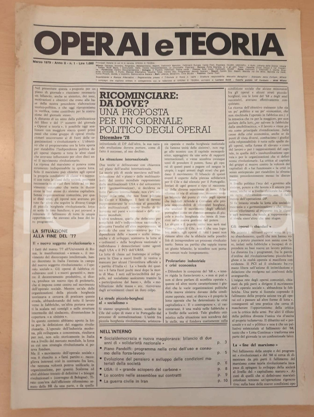 Giornale, rivista storica 1979 OPERAI E TEORIA Piano Pandolfi  Grande sciopero del carbone negli USA 1