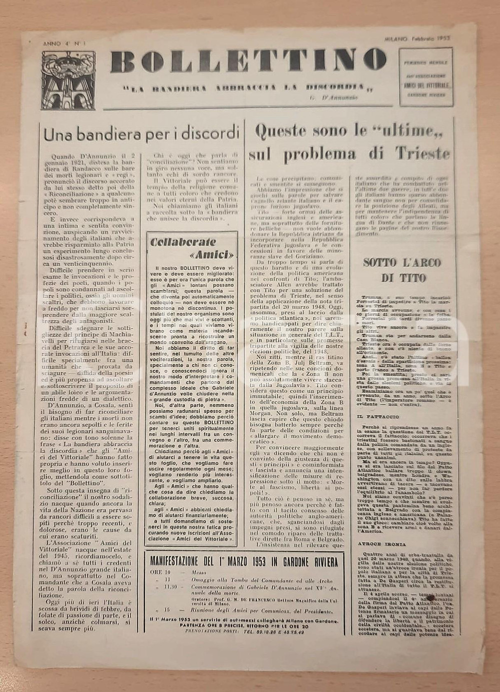 Giornale, rivista storica 1953 BOLLETTINO Amici Vittoriale  D Annunzio e Andrea Costa  Questione Trieste 1