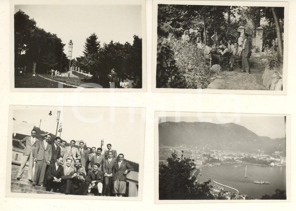 Fotografia d epoca originale 1930 ca COMO /BRUNATE Gruppo di amici  Faro Voltiano  Lotto 4 foto 9x6 cm 1