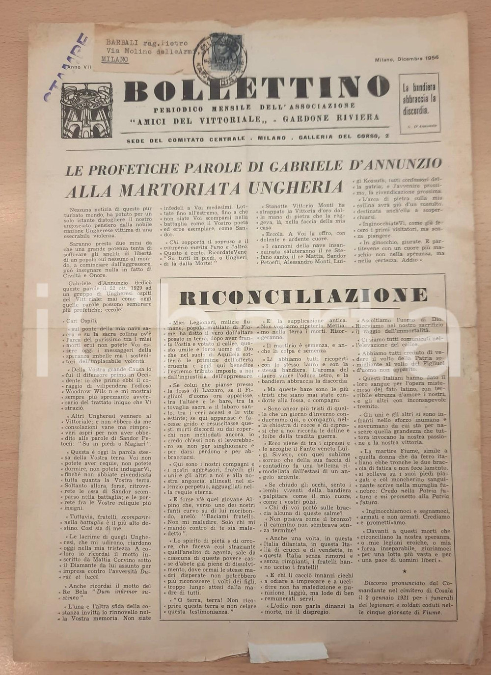 Giornale, rivista storica 1956 BOLLETTINO Amici Vittoriale  Spoglie Reginaldo Giuliani traslate a Torino 1