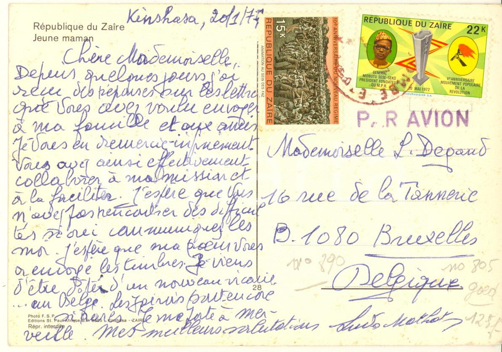 Autografo originale 1972 KINSHASA CONGO Abbé Ludo MATHOT  Cartolina a una benefattrice Autografo 1
