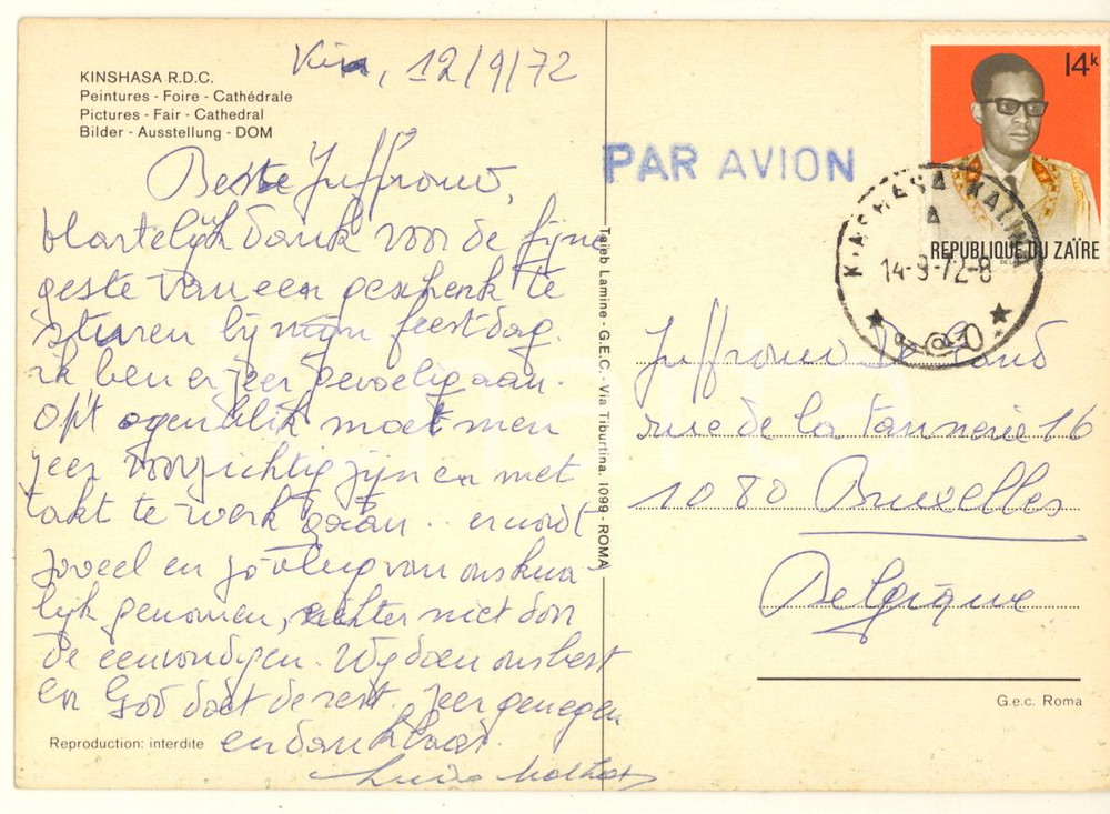 Autografo originale 1972 KINSHASA CONGO Abbé Ludo MATHOT  Cartolina a un benefattore Autografo 1