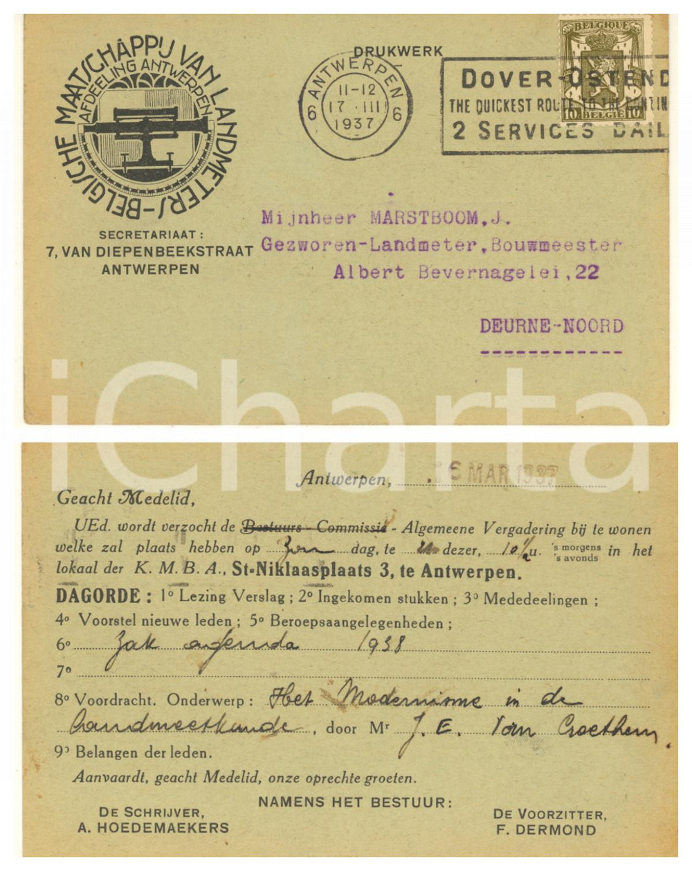 Cartolina originale da collezione 1937 ANTWERPEN Belgische Maatschappij van Landmeters   Cartolina assemblea 1