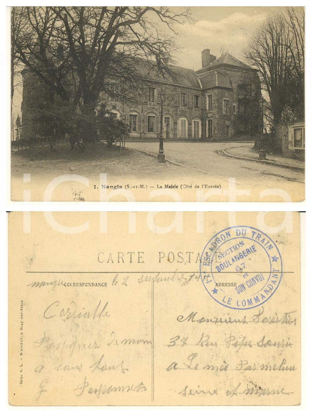 Cartolina originale da collezione 1915 WW1 NANGIS Mairie  Carte postale PEYRONNET commandant 17e ETEM Boulangerie 1