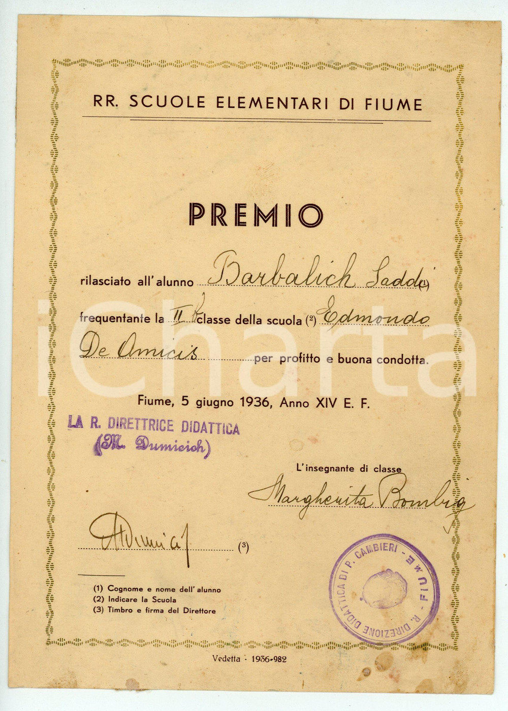 Oggetto da collezione cartaceo 1936 FIUME R.R. Scuola elementare Edmondo DE AMICIS Premio per buona condotta 1