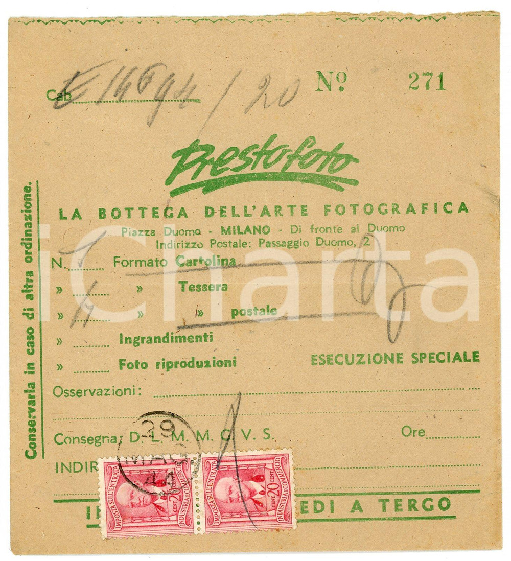 Documento originale, autentico 1944 MILANO Piazza Duomo PRESTOFOTO Arte fotografica  Busta per spedizioni 1