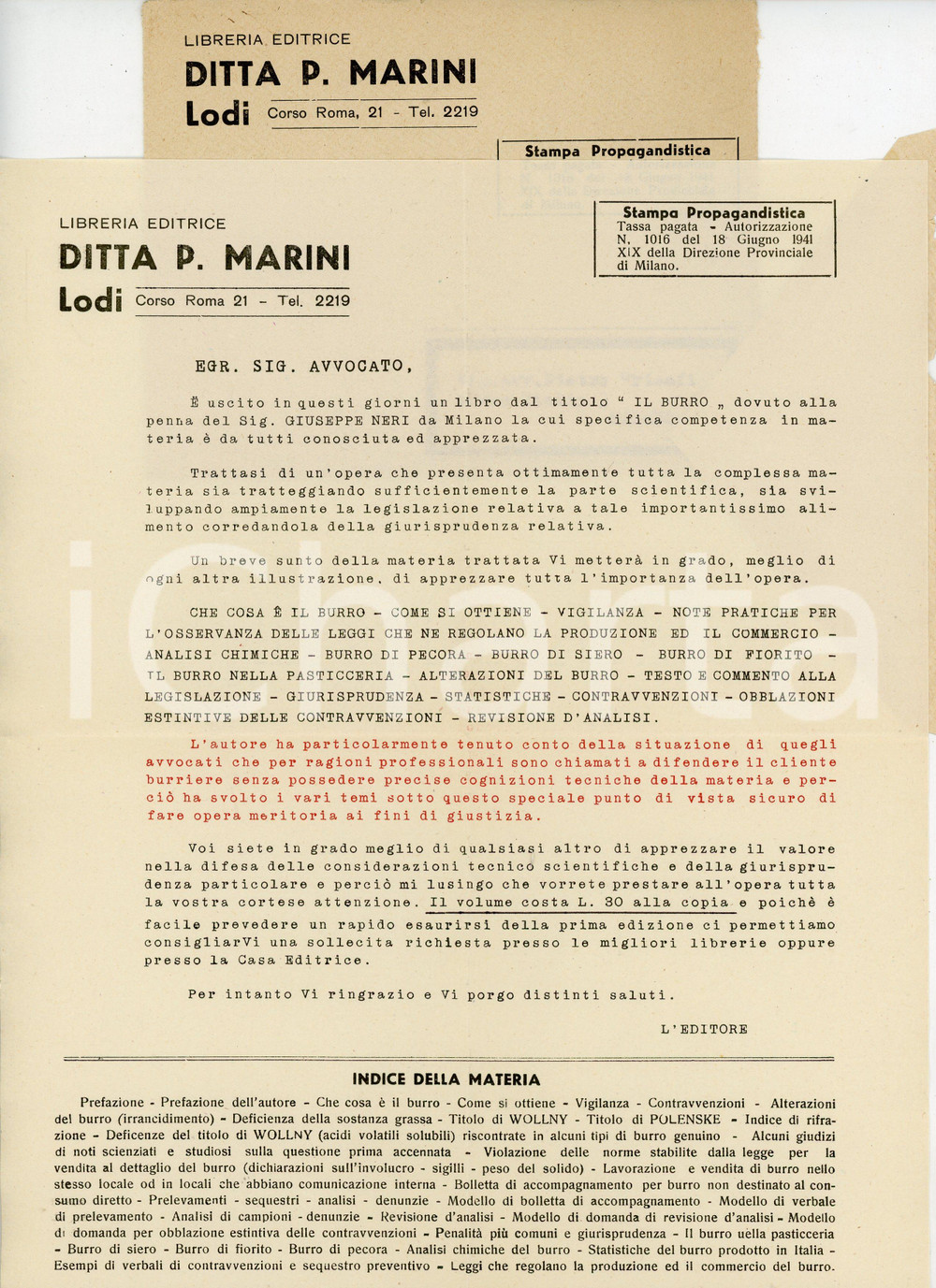 Documento originale, autentico 1941 LODI Libreria editrice P. MARINI Lettera su Il burro di Giuseppe NERI 1