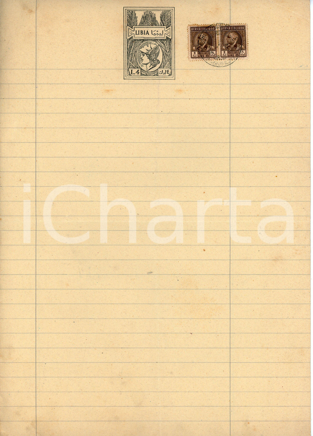 Documento originale, autentico 1940 ca AFRICA ITALIANA Marche da bollo LIBIA Lire 4  Vittorio Emanuele III 1