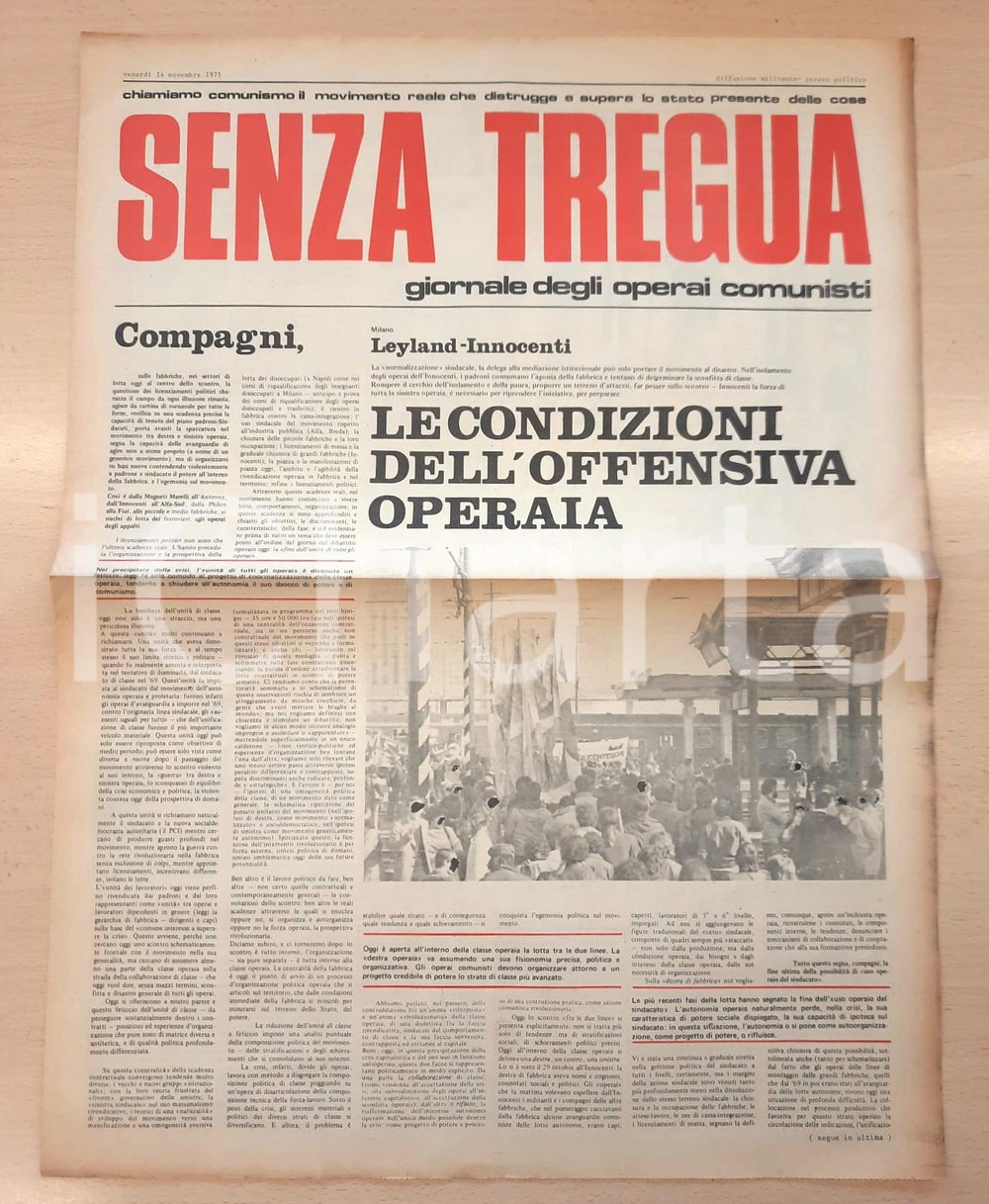 Giornale, rivista storica 1975 SENZA TREGUA Lotta lavoratori INNOCENTI LEYLAND Giornale operai comunisti 1