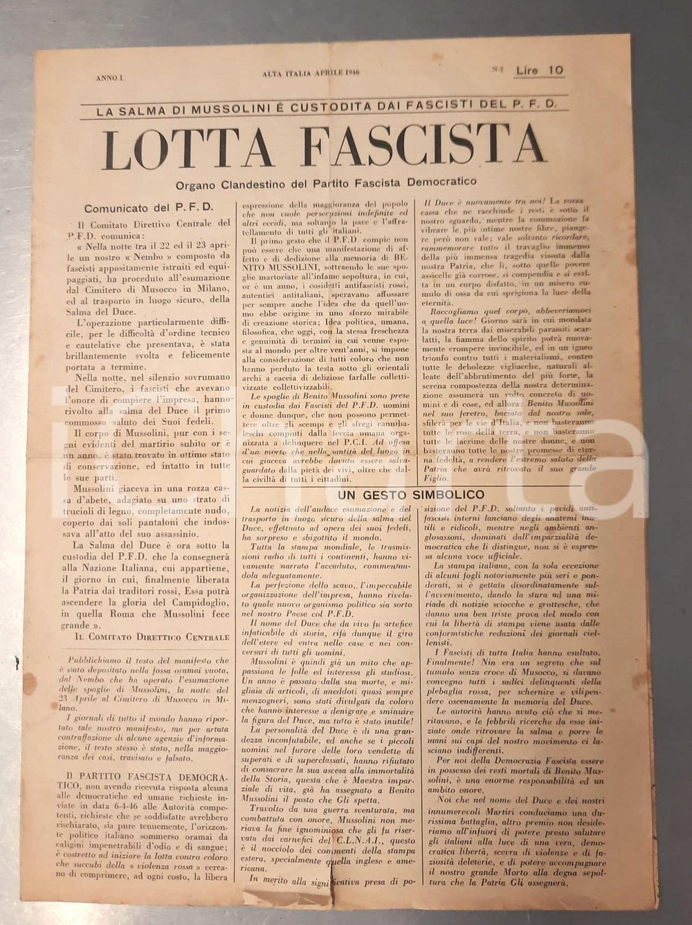 Giornale, rivista storica Marzo 1946 LOTTA FASCISTA La salma di Mussolini custodita dai fascisti Giornale 1