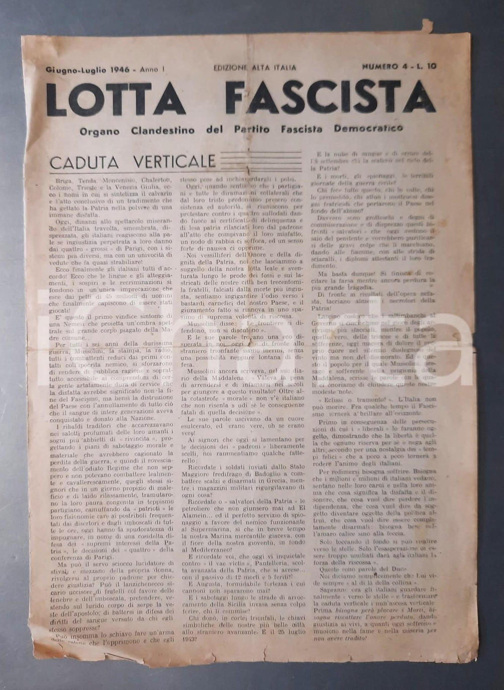 Giornale, rivista storica GiugnoLuglio 1946 LOTTA FASCISTA Caduta verticale della Patria Giornale n°4 1
