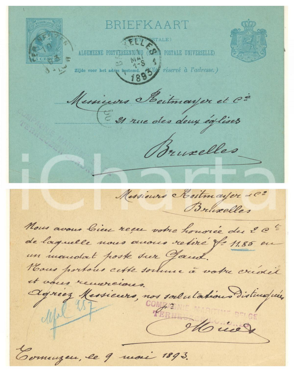 Cartolina originale da collezione 1893 TERNEUZEN Compagnie Maritime Belge  Carte postale commerciale 1
