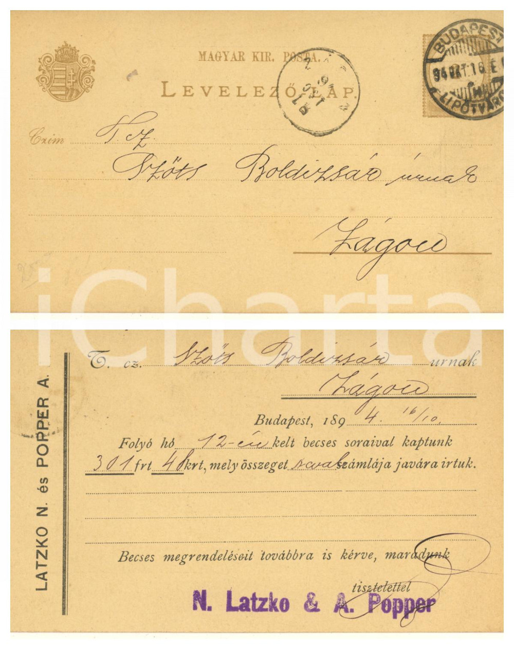Cartolina originale da collezione 1894 BUDAPEST Hungary N. Latzko & A. Popper tessile Cartolina commerciale 1