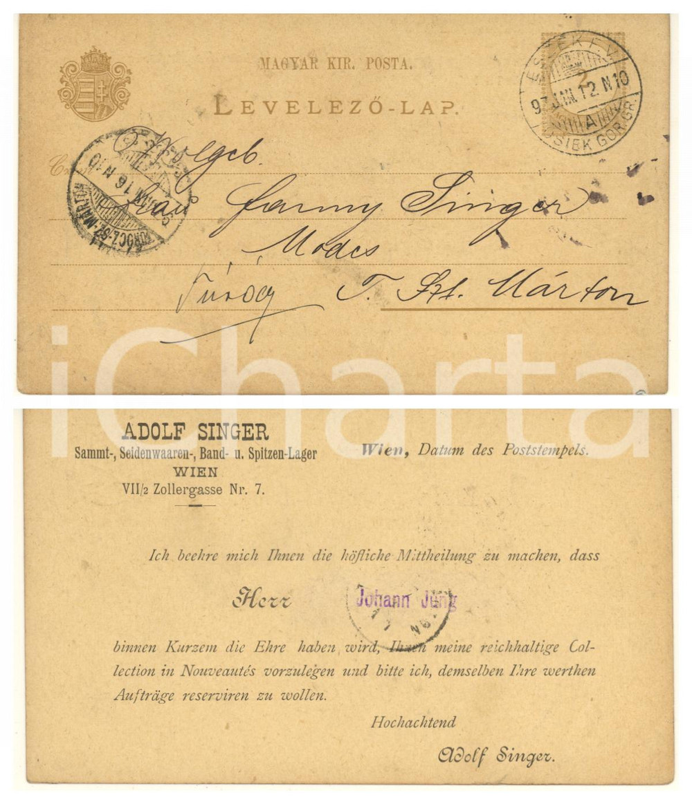 Cartolina originale da collezione 1912 WIEN Adolf SINGER Sammt, Seidenwaaren, Band u. SpitzenLager Postcard 1