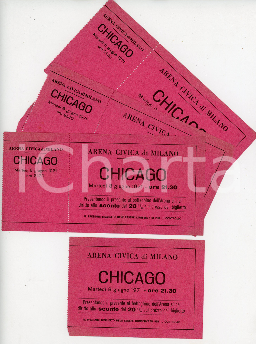 Oggetto da collezione cartaceo 8 giugno 1971 MILANO  ARENA CIVICA Concerto CHICAGO Rock band Lotto 4 biglietti 1