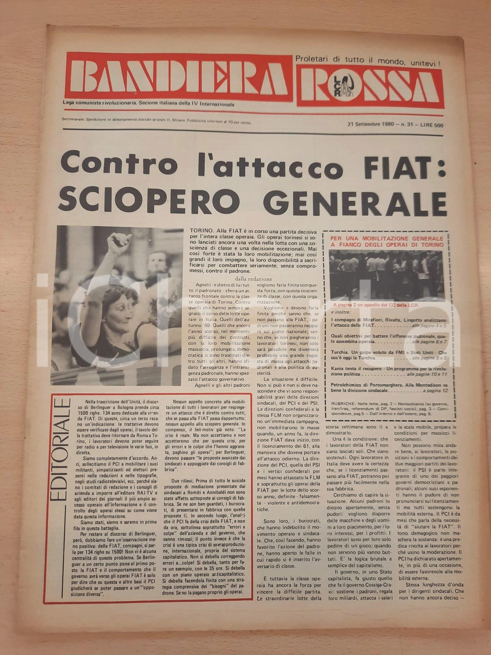 Giornale, rivista storica 1980 BANDIERA ROSSA Contro l attacco FIAT: sciopero generale Giornale 1