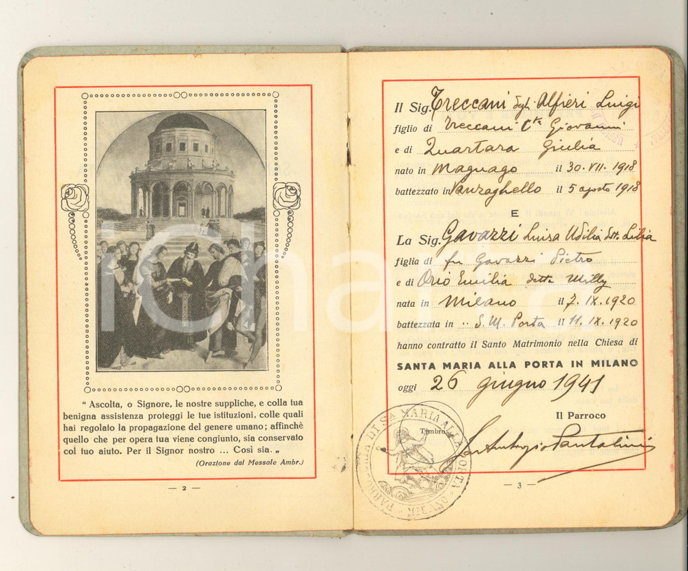 Libro, pubblicazione d epoca 1941 MILANO S. Maria alla Porta  Libretto sposi Luigi TRECCANI  Lilia GAVAZZI 1
