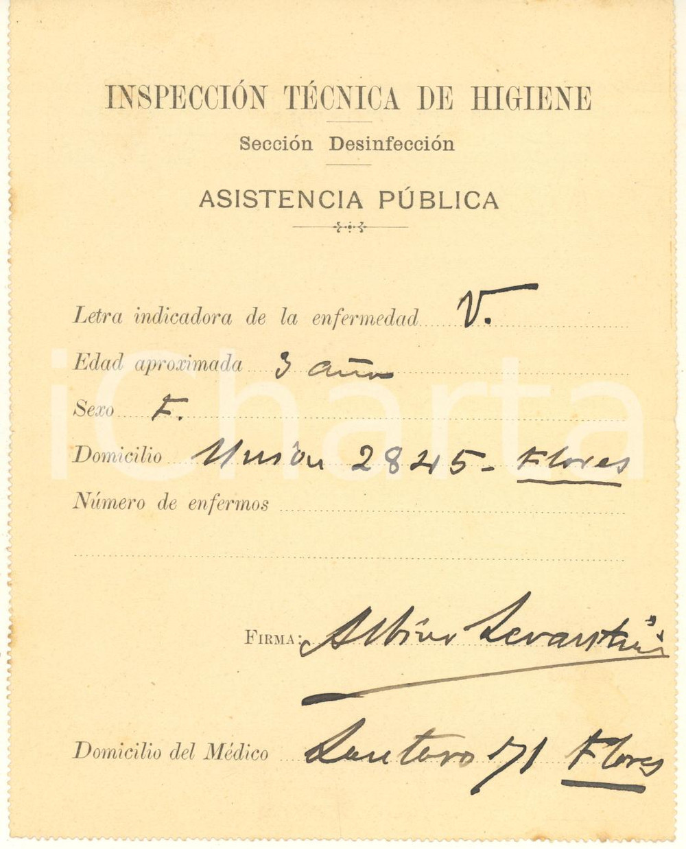 Autografo originale 1902 BUENOS AIRES Medico Albino LEVANTINI  Inspección de higiene AUTOGRAFO 1