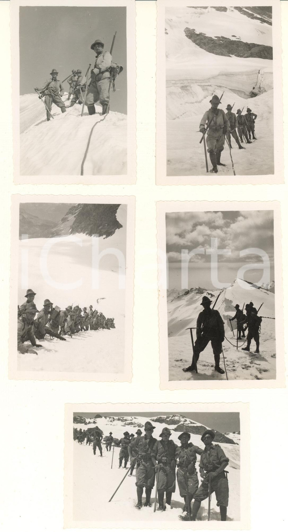 Fotografia d epoca originale 1935 ca GRESSONEY MONTE ROSA  ALPINI Battaglione IVREA Scalata 5 foto 6x9 cm 1