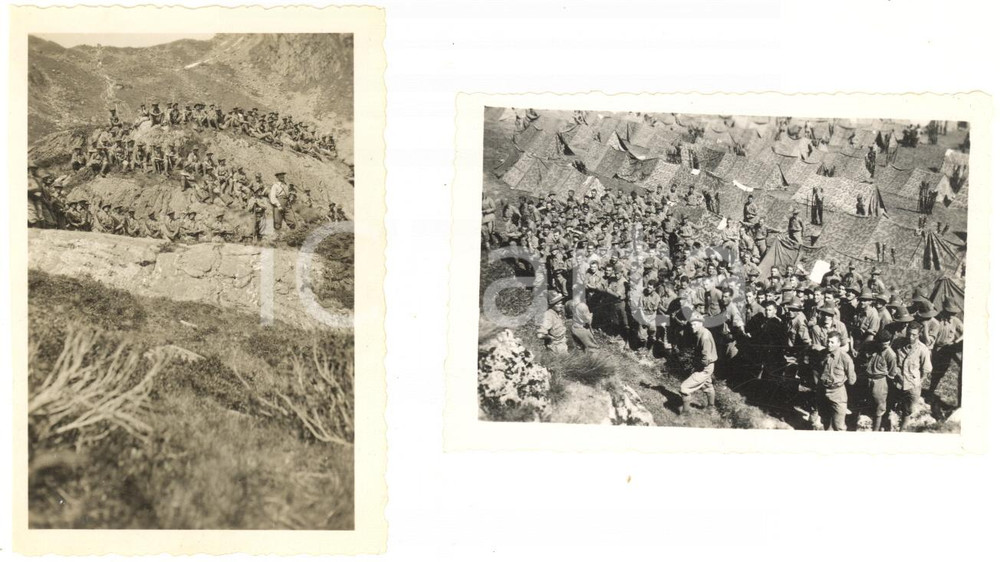 Fotografia d epoca originale 1935 ca MONTE ROSA  ALPINI Battaglione IVREA  Campo estivo 2 foto 6x9 cm 1