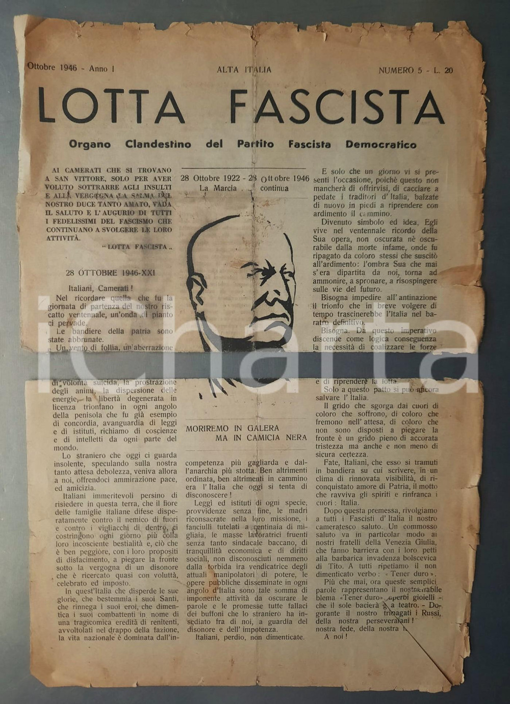 Giornale, rivista storica 1946 LOTTA FASCISTA Moriremo in galera ma in camicia nera Giornale DANNEGGIATO 1