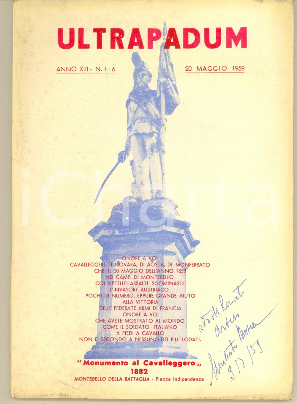 Libro, pubblicazione d epoca 1959 ULTRAPADUM Commemorazione Battaglia di Montebello Autografo Umberto MOSCA 1