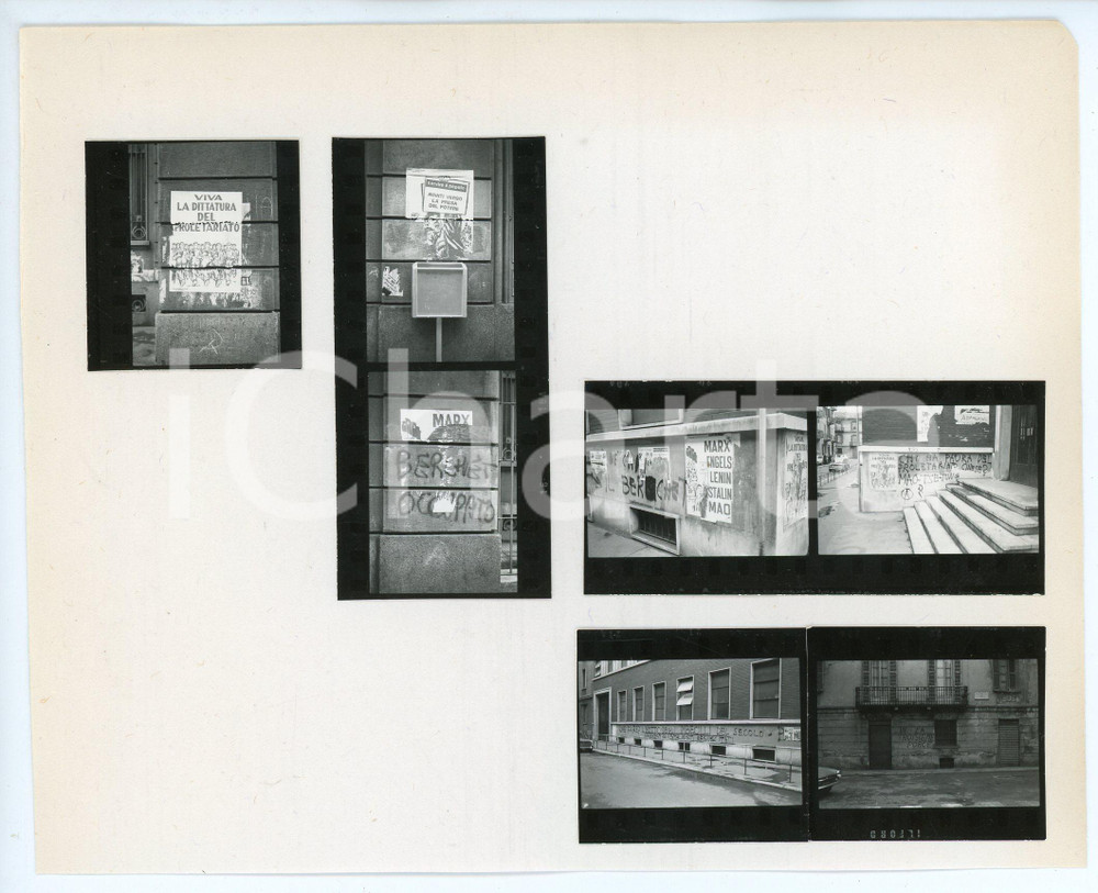 Fotografia d epoca originale 1969 MILANO Contestazione giovanile BERCHET OCCUPATO Scritte sui muri 7 provini 1