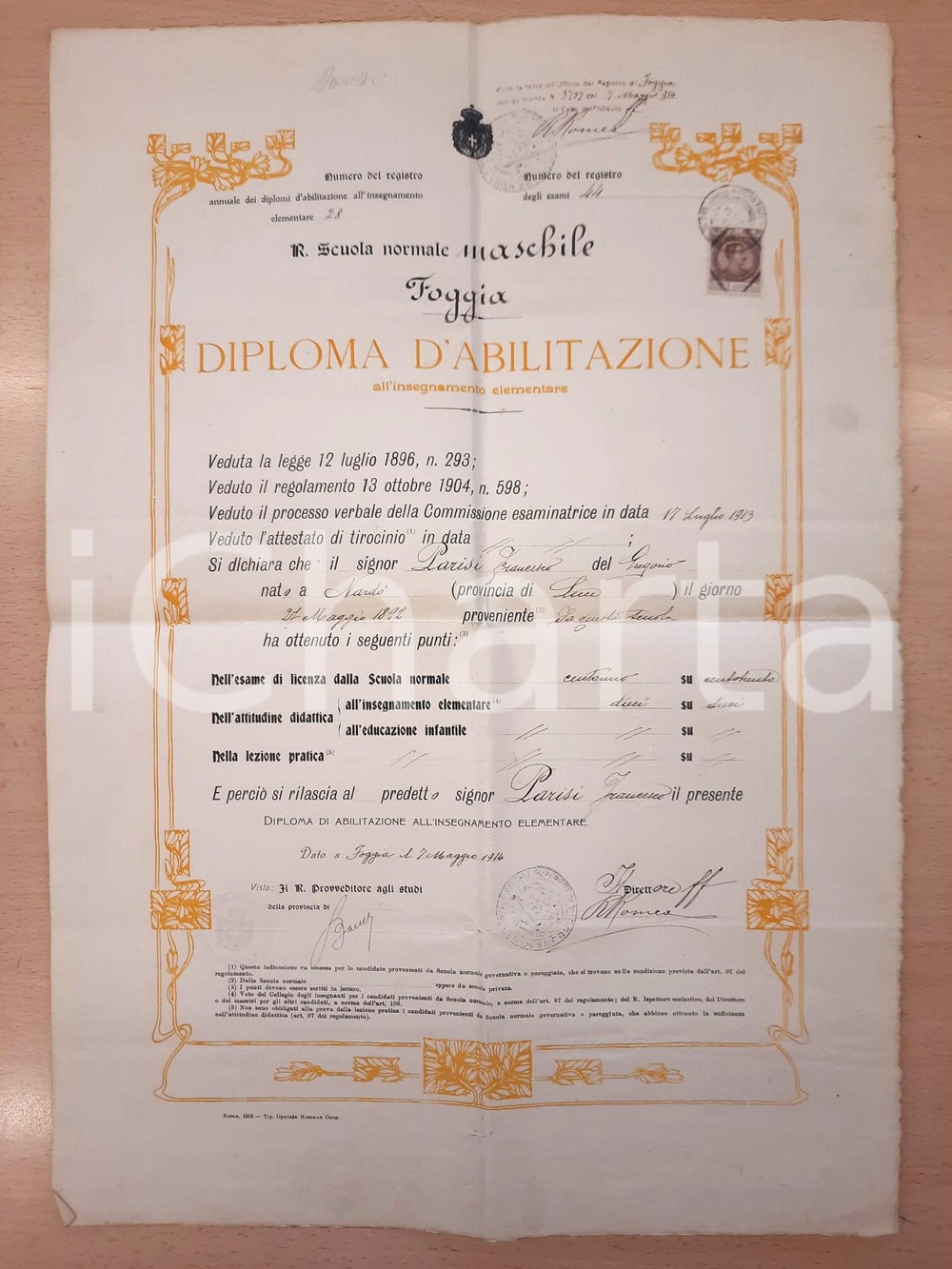 Oggetto da collezione cartaceo 1914 FOGGIA Regia Scuola Normale Maschile  Diploma abilitazione a insegnamento 1