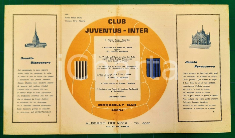 Oggetto da collezione cartaceo 1965 ca ARONA Piccadilly Bar CLUB JUVENTUS  INTER Menu Albergo COLAZZA 1