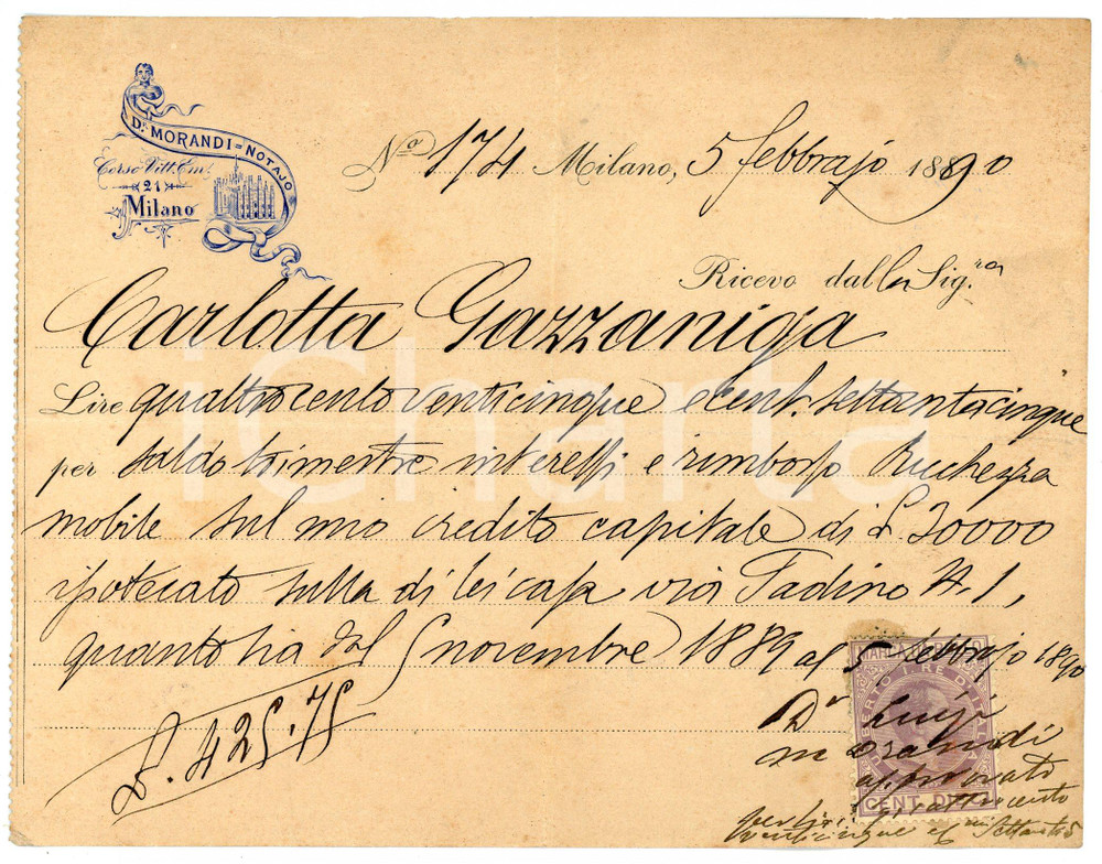 Documento originale, autentico 1890 MILANO Corso Vittorio Emanuele 21 Notaio Dr. Luigi MORANDI Ricevuta 1