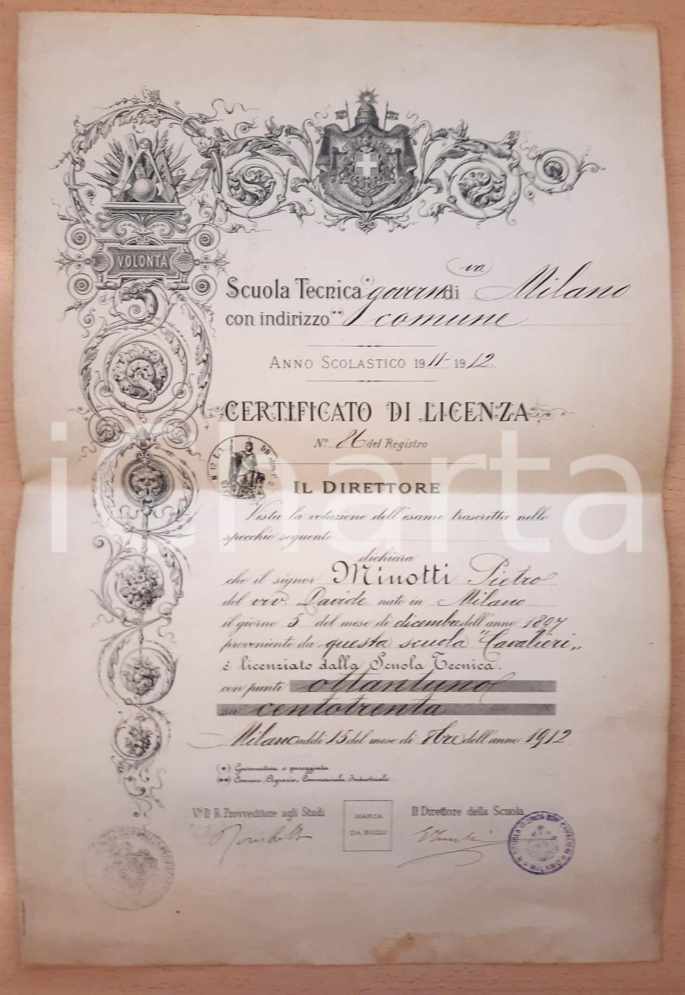Oggetto da collezione cartaceo 191112 MILANO Scuola tecnica governativa  Certificato di licenza 1