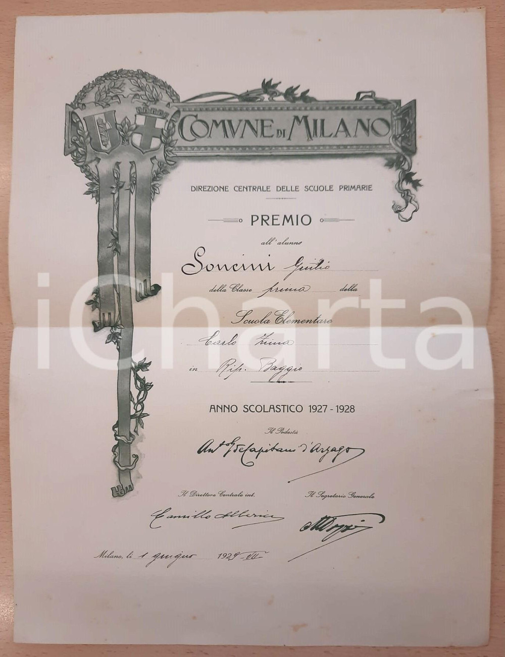Oggetto da collezione cartaceo 192728 MILANO  BAGGIO Scuola elementare maschile Carlo Zima  Premio alunno 1