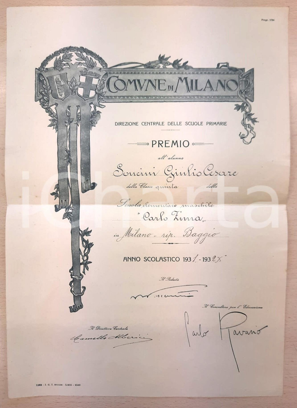 Oggetto da collezione cartaceo 193132 MILANO  BAGGIO Scuola elementare maschile Carlo Zima  Premio alunno 1