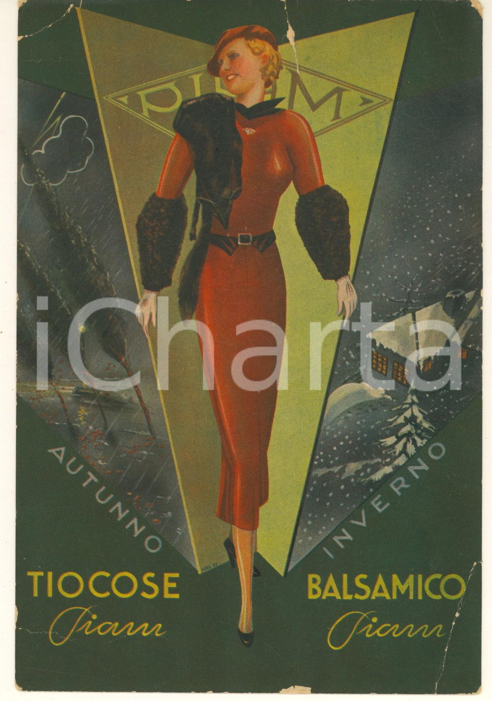 Materiale pubblicitario d’epoca 1940 ca GENOVA PIAM Farmaceutici  TIOCOSE e BALSAMICO Cartoncino pubblicitario 1