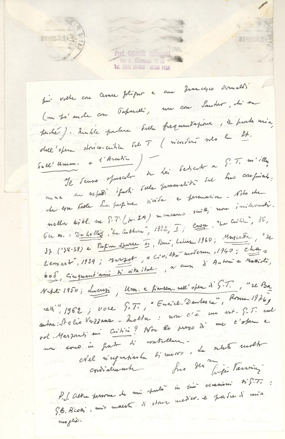 Autografo originale 1991 Università di PISA  Giorgio VARANINI  Lettera ringraziamento  Autografo 1
