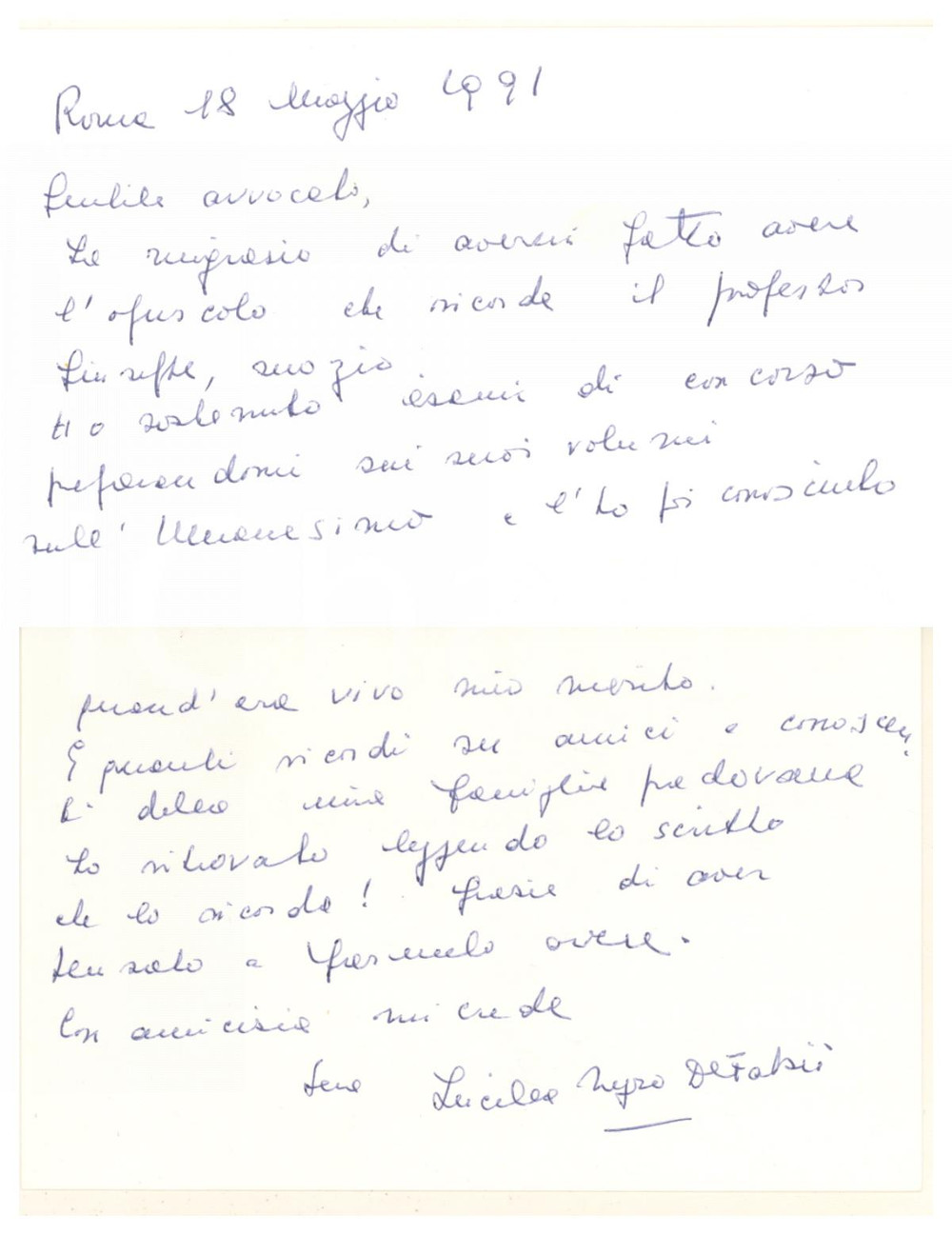 Autografo originale 1991 ROMA Lucilla NEGRO DE FABII  Biglietto di ringraziamento Autografo 1