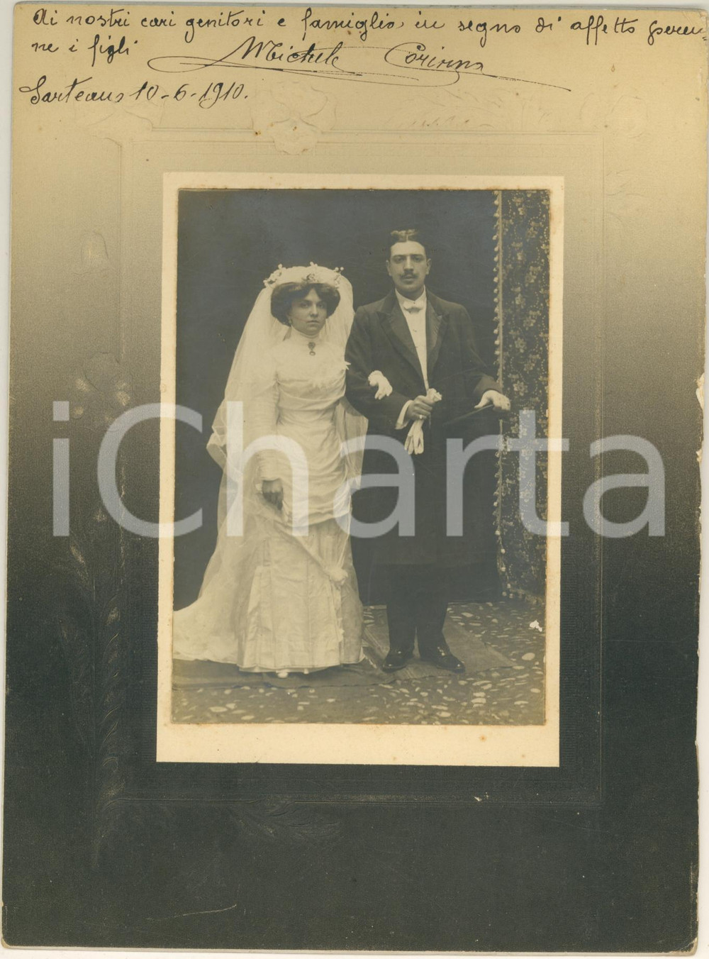 Fotografia d epoca originale 1910 SARTEANO SI Coppia di sposi nel giorno delle nozze Foto 17x23 cm 1