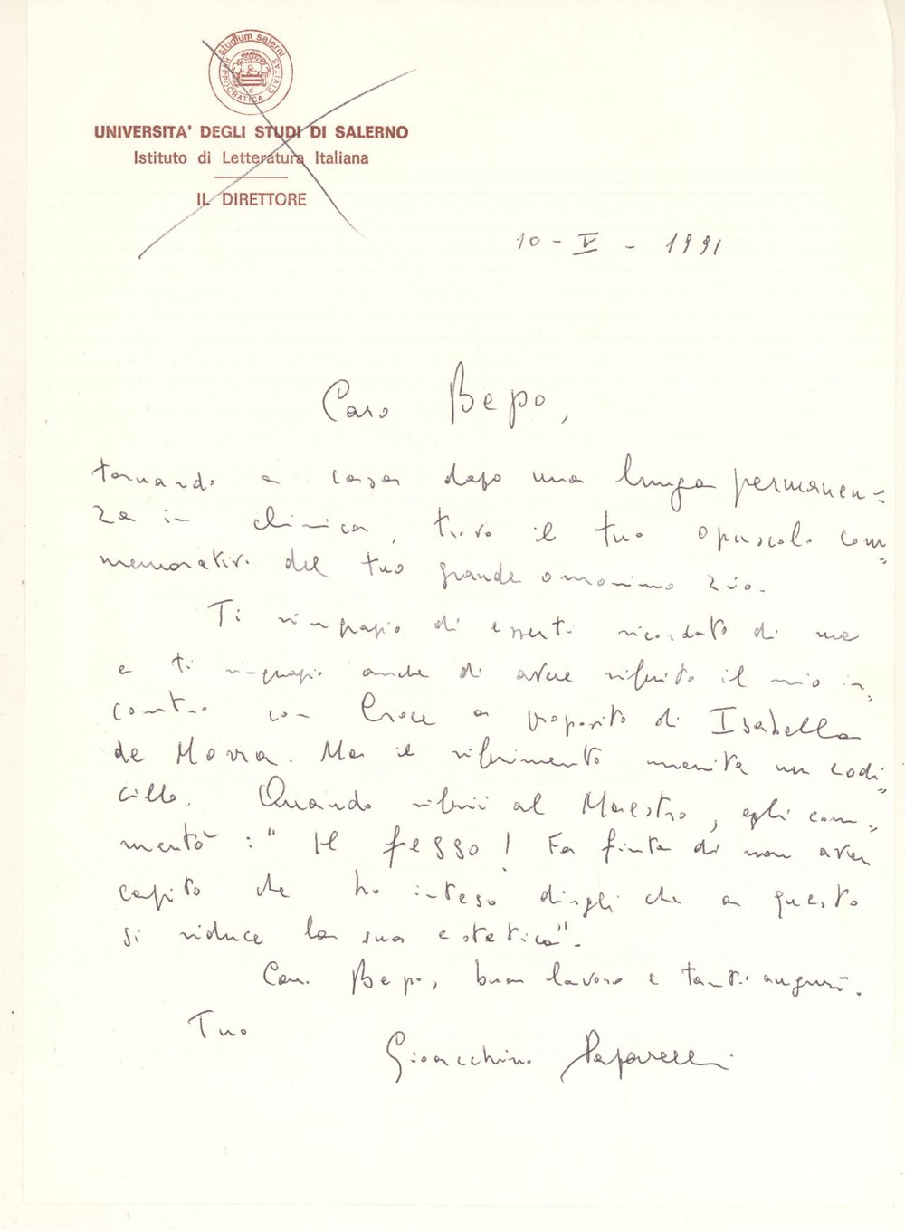 Autografo originale 1991 Università SALERNO  Lettera Gioacchino PAPARELLI AUTOGRAFO 1