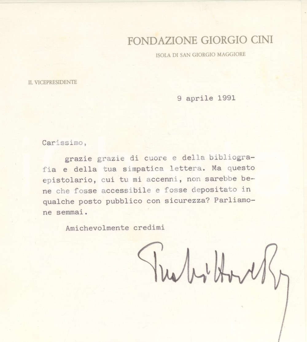 Autografo originale 1991 VENEZIA Lettera Vittore BRANCA vicepresidente Fondazione Cini  AUTOGRAFO 1