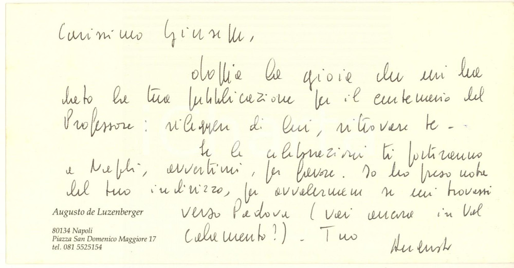 Autografo originale 1990 ca NAPOLI Augusto de LUZENBERGER  Biglietto ringraziamento autografo 1