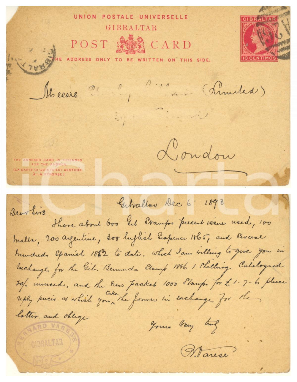 Autografo originale 1898 GIBRALTAR Postcard Bernard VARESE about philatelic exchange Autograph 1