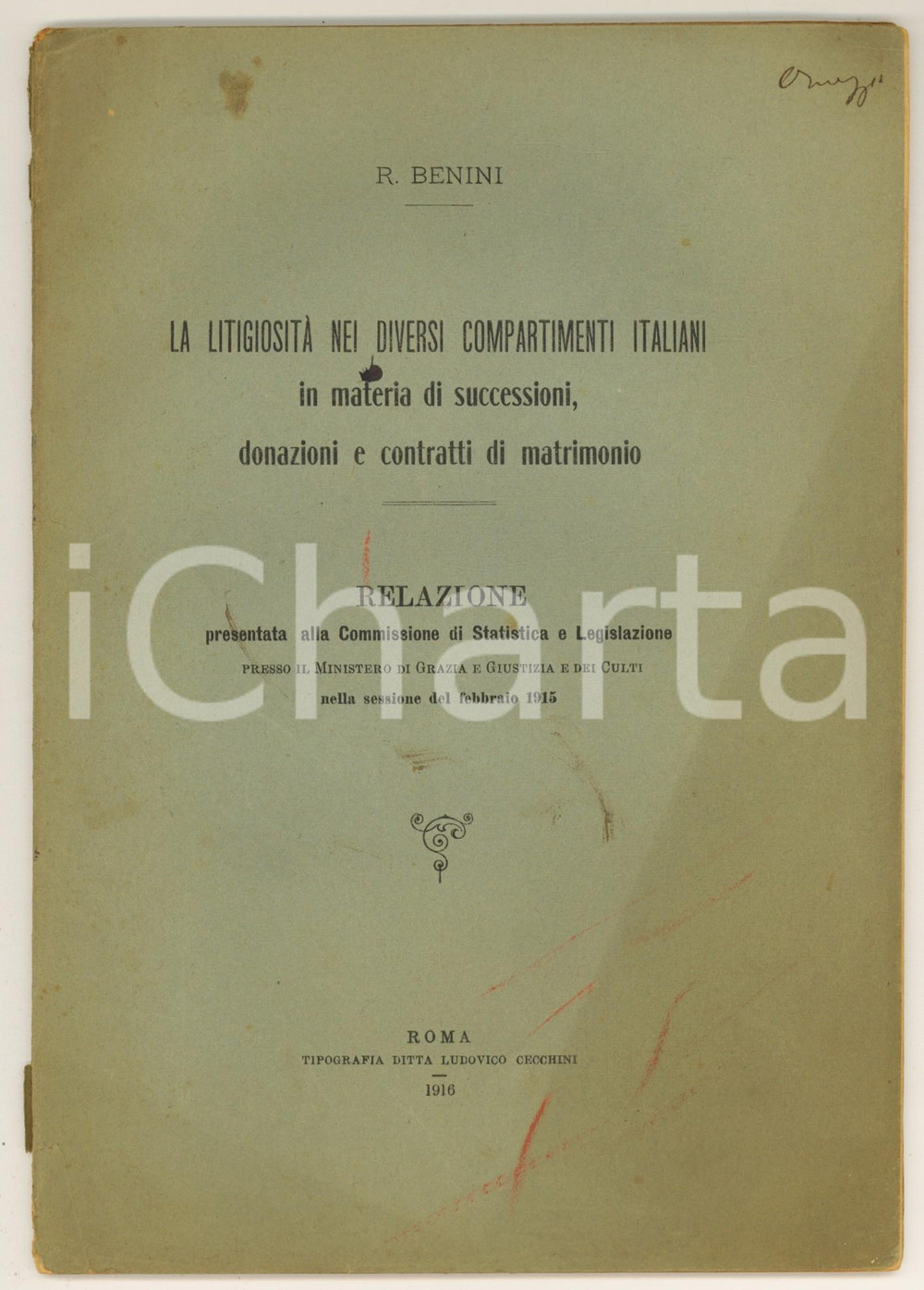 Libro, pubblicazione d epoca 1916 Rodolfo BENINI La litigiosità nei diversi compartimenti Invio AUTOGRAFO 1