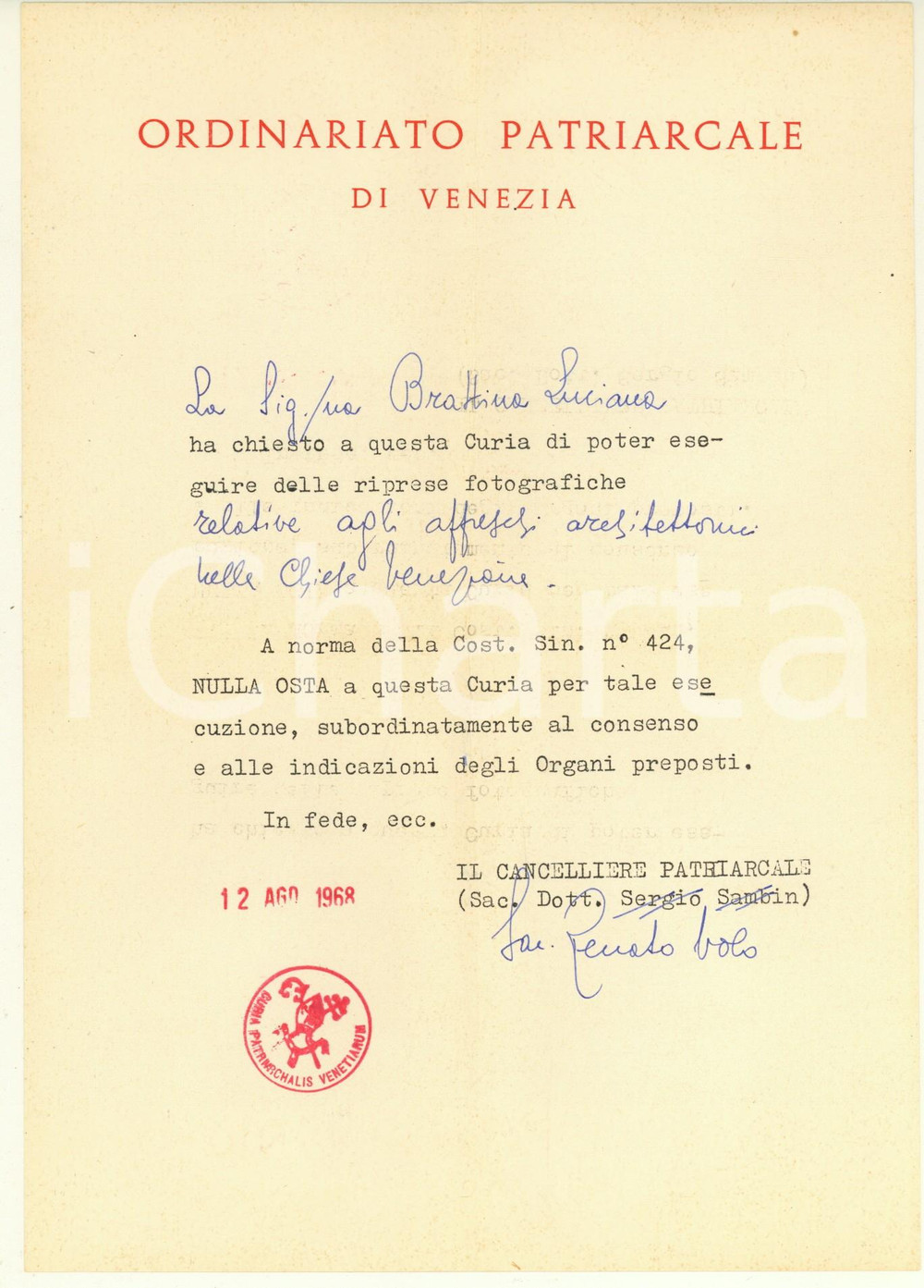 Autografo originale 1968 Ordinariato Patriarcale VENEZIA  Nulla osta Mons. Renato VOLO autografo 1