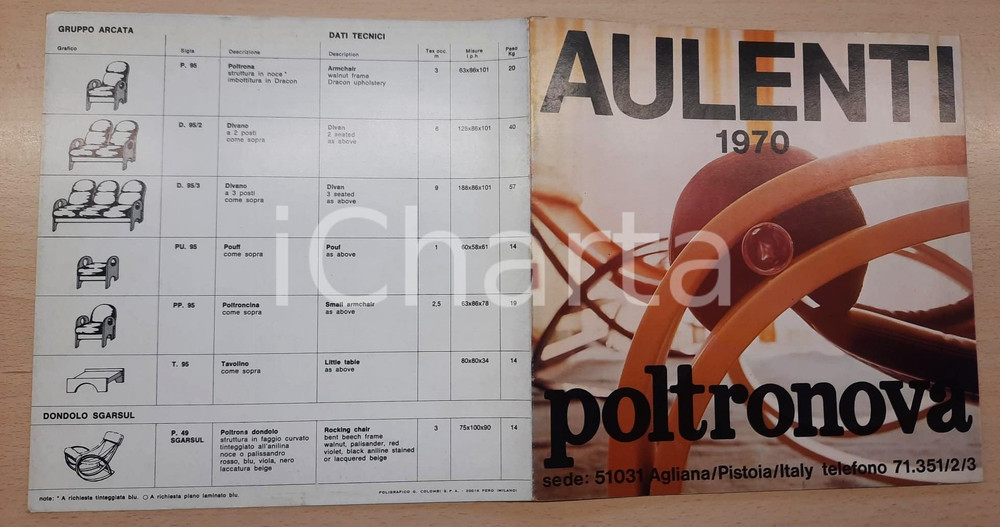 Materiale pubblicitario d’epoca 1970 AGLIANA PT POLTRONOVA Sedute design Gae AULENTI  Pieghevole 1